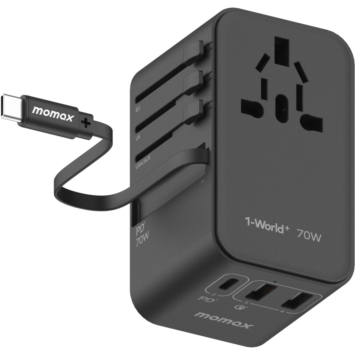 Momax UA18UKD 1-World+ 70W GaN 3插口 及 內置伸縮USB-C充電線旅行插座 (黑色)
