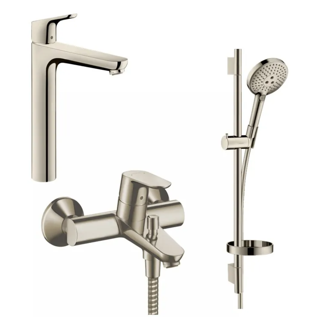 Hansgrohe Focus 230 高身水龍頭+Focus 單把手浴缸龍頭+Select S 淋浴花灑套裝 (拉絲鎳) (31531820+31940820+26630820)