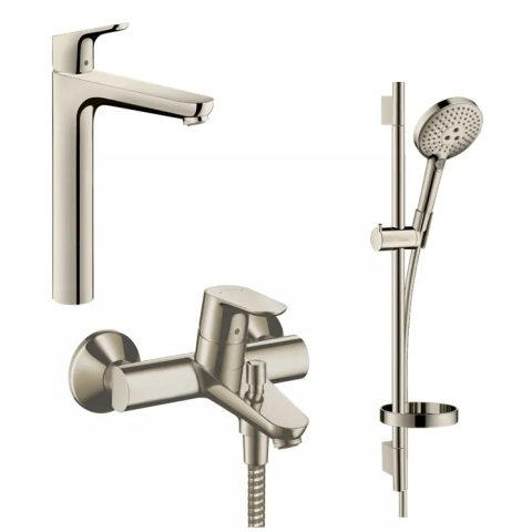 Hansgrohe Focus 230 高身水龍頭+Focus 單把手浴缸龍頭+Select S 淋浴花灑套裝 (拉絲鎳) (31531820+31940820+26630820)
