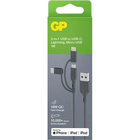 GP 超霸 GPACECY1N001 GP超霸1米3合1 USB-A至Lightning, USB-C & Micro-USB數據傳輸充電線CY1N