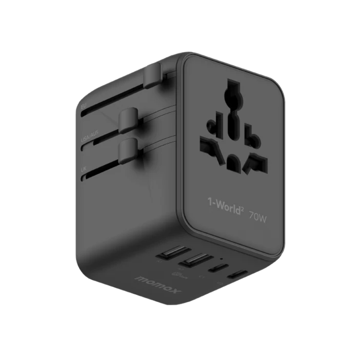 Momax UA22UKD 1-WORLD² 70W 雙 AC 五 USB GaN 全球轉換插座 (黑色)
