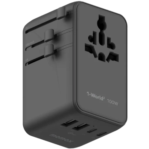 Momax UA23UKD 1-WORLD² 100W 雙 AC 四 USB GaN 全球轉換 插座  (黑色)