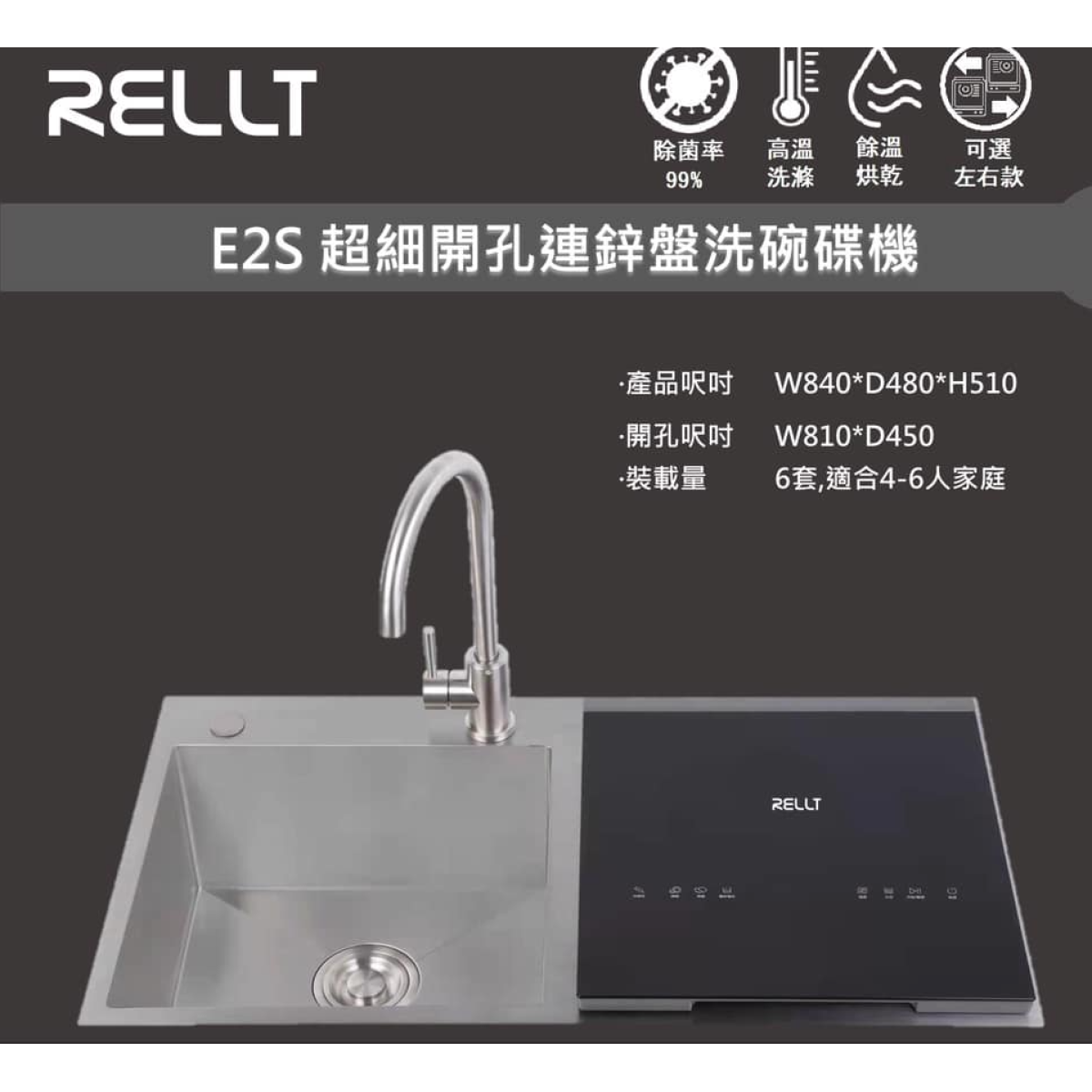 Rellt E2S 84cm 6套標準餐具 嵌入式 超細開孔連鋅盆款洗碗碟機 (凸蓋款) (右邊款)