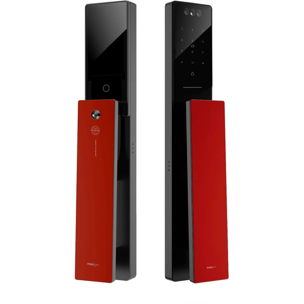 Moorgen 摩根 T5+系列 Swarovski 黑色水晶按鈕 貓眼智能電子門鎖 (把手面板: 雲母黑 (原裝) + 法拉利紅 (自選)