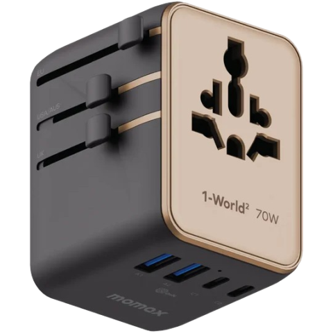 Momax UA22UKL2 1-WORLD² 70W 雙 AC 五 USB GaN 全球轉換插座 (砂岩色)