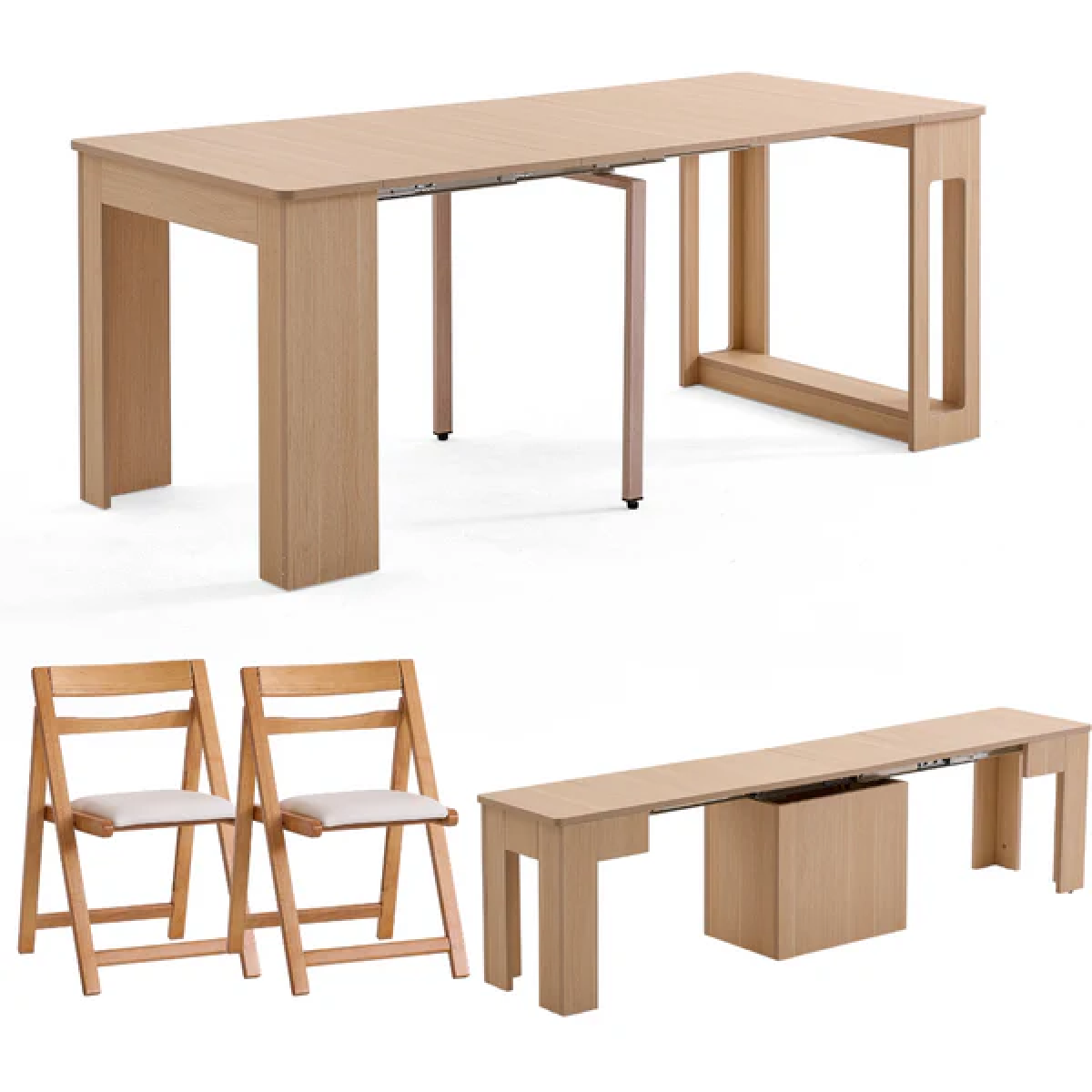 Flexi-Table FB-1.8+EB+2FC(NW) 0.4米至1.8米可伸縮餐桌+可伸縮長凳+2張折疊椅