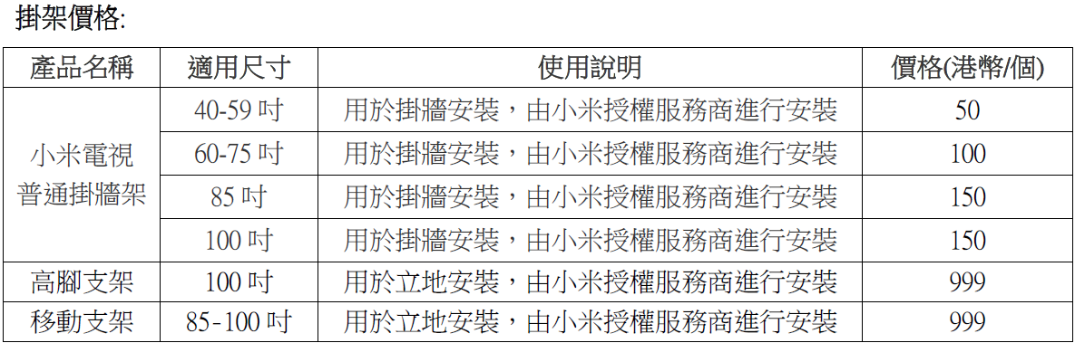 小米電視掛架價格